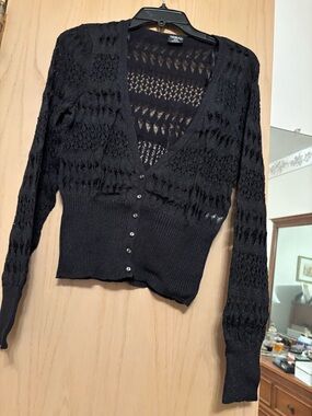 Tribal Black Openwork V-Neck Button Cardigan